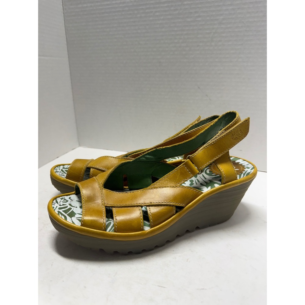 Fly London Yuma Mustard Yellow Leather Wedge Slingback Sandals EU 38 7.5